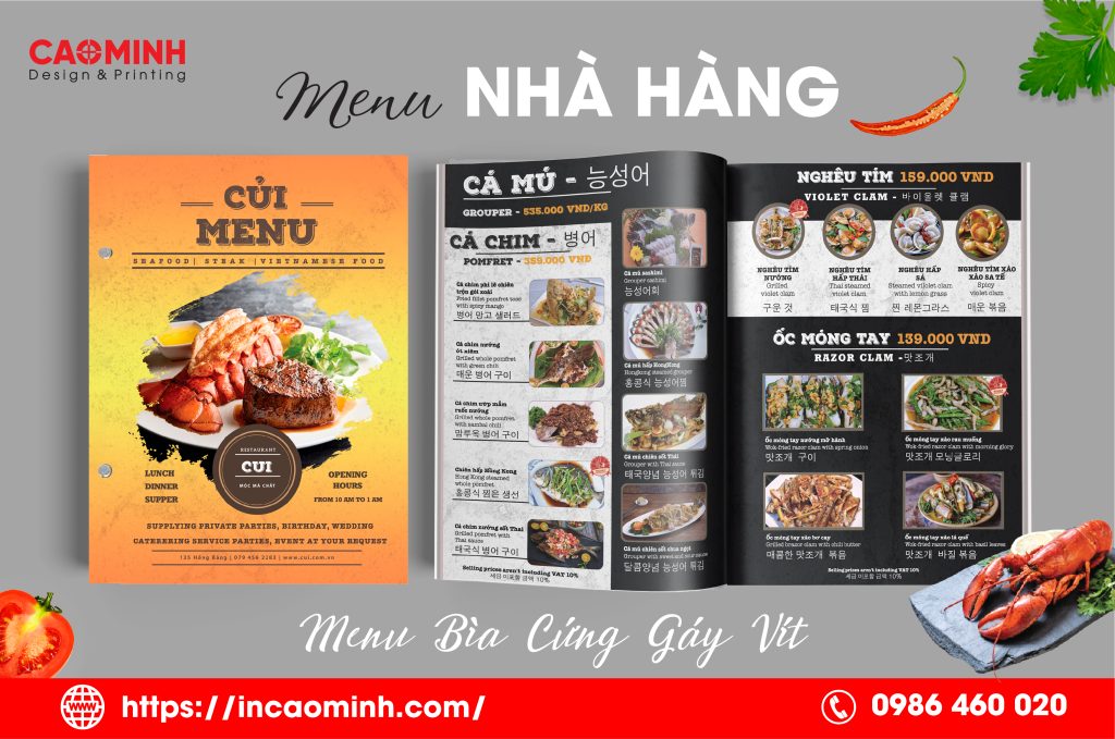 In menu giá rẻ đẹp chất lượng tại Nha Trang 1 Mẫu menu bìa cứng gáy vít_In ấn Cao Minh Nha Trang